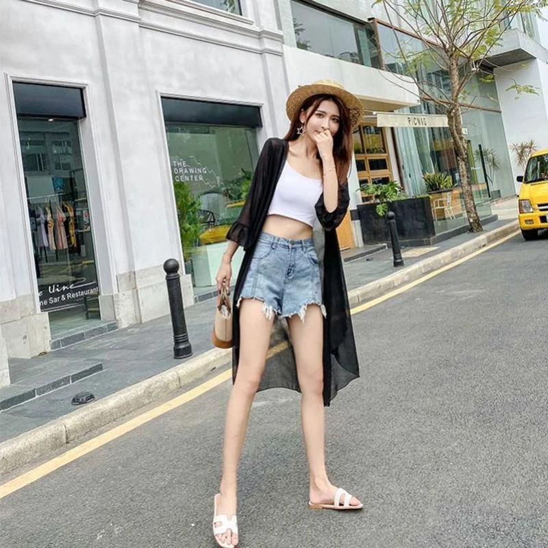 Женское летнее тонкое шифоновое пальто Geskeey черное солнцезащитное с