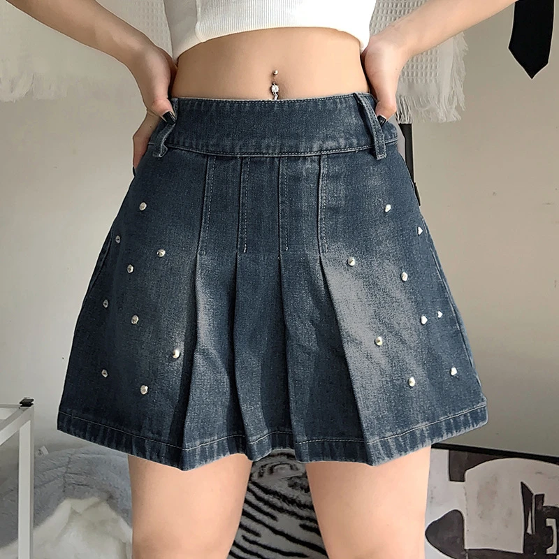 

Summer Slim Fashion Sexy Club Patchwork Rivet Low Rise Women Casual Vintage Mini Skirt A-line Skirt Washed Denim Pleated Skirts