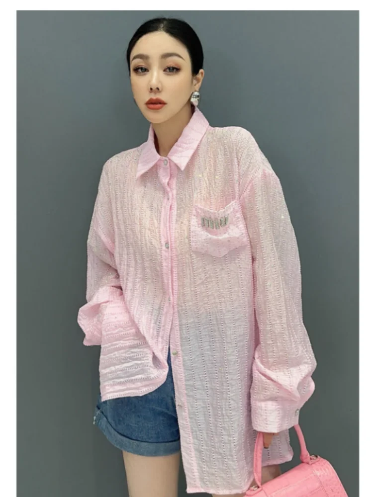 Женская рубашка с отложным воротником QING MO розовая Повседневная модная длинными