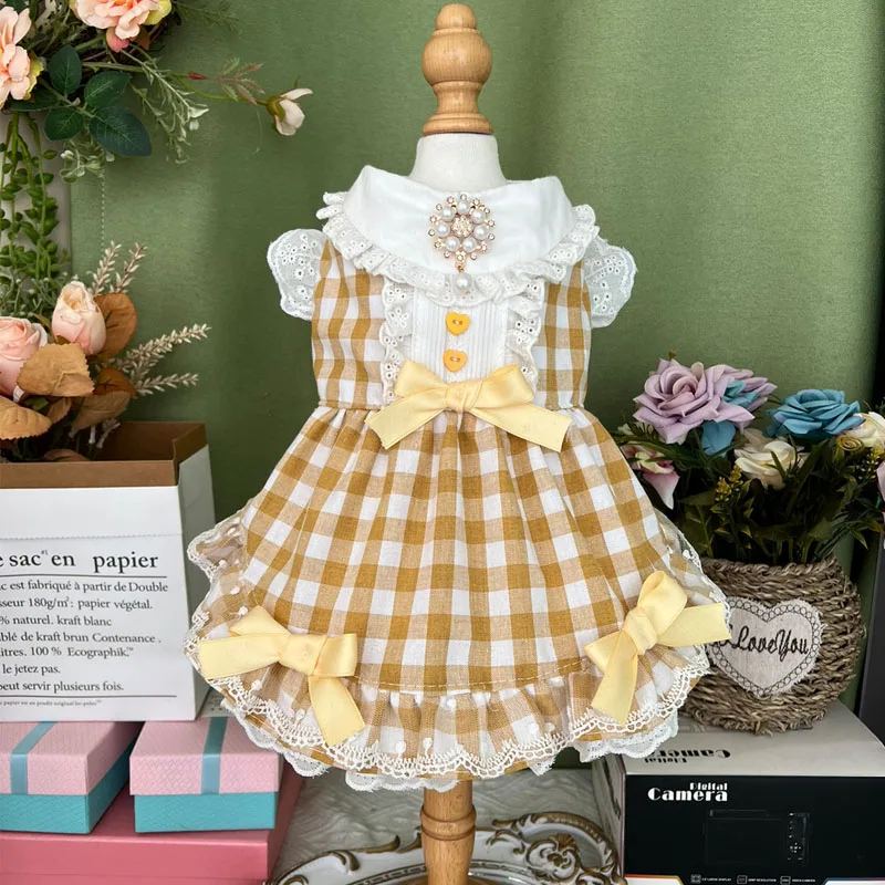 

Retro Khaki Yellow Pet Dog Clothes Fashion Handmade Cotton Lattice Bow Princess Dress For Small Medium Dog Chihuahua Puppy Dress