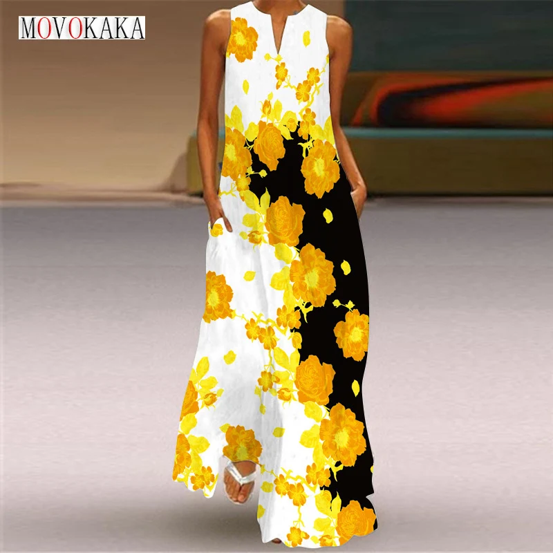 

MOVOKAKA Ladies Spring Summer White Long Dress Loose Sleeveless Yellow Flowers Print Elegant Dresses Party Boho Beach Maxi Dress