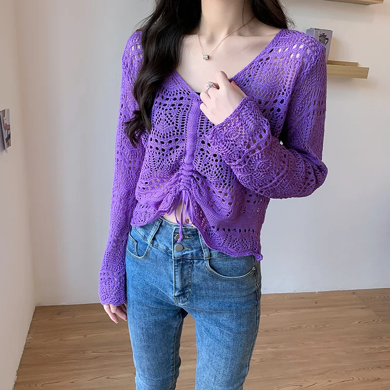 

2021 Women Crocheted Crop Tops Sweaters Pullovers Female Knitted Pullover Solid Full Sleeve Casual Tops for Women Spring Autumn