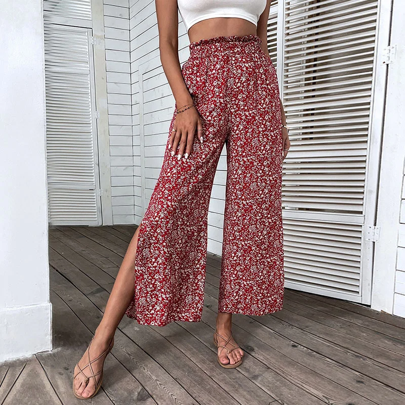 

Fashion 2022 New Retro Women's Red Pants Rayon High Waist Floral Split Loose Chic Cropped Wide Leg Pants