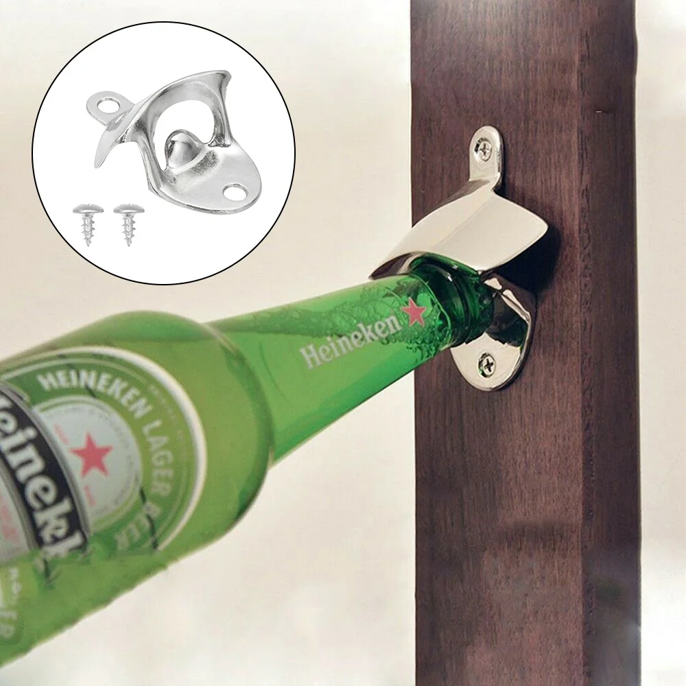 

Stainless Steel Iron Wall Mounted Hanging Mouth Gag Bar Beer Glass Bottle Cap Opener With Screws Gadgets Kitchen Accessories