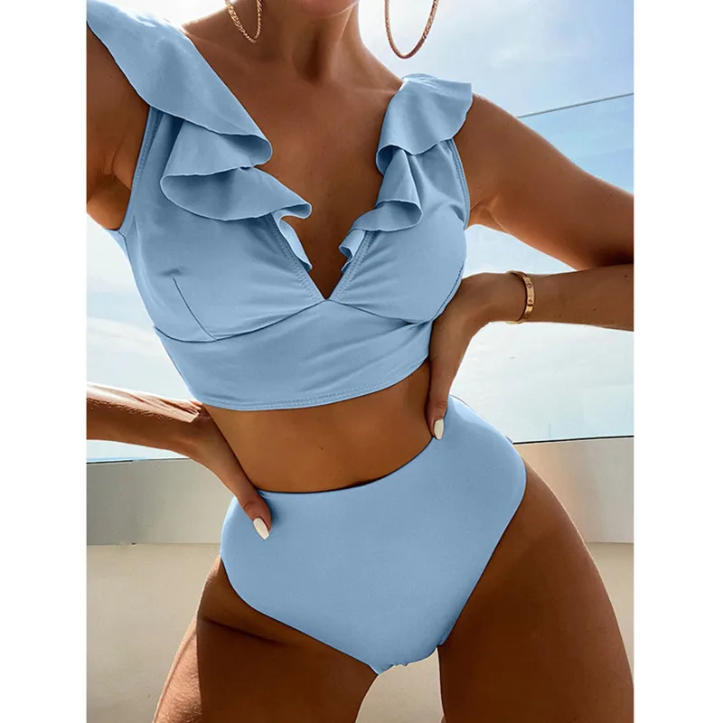 

Ruffle Bikini 2022 Women High Waist Swimsuit Push Up Bikinis Set Summer Beach Wear Bathing Suit Female Solid Swimwear
