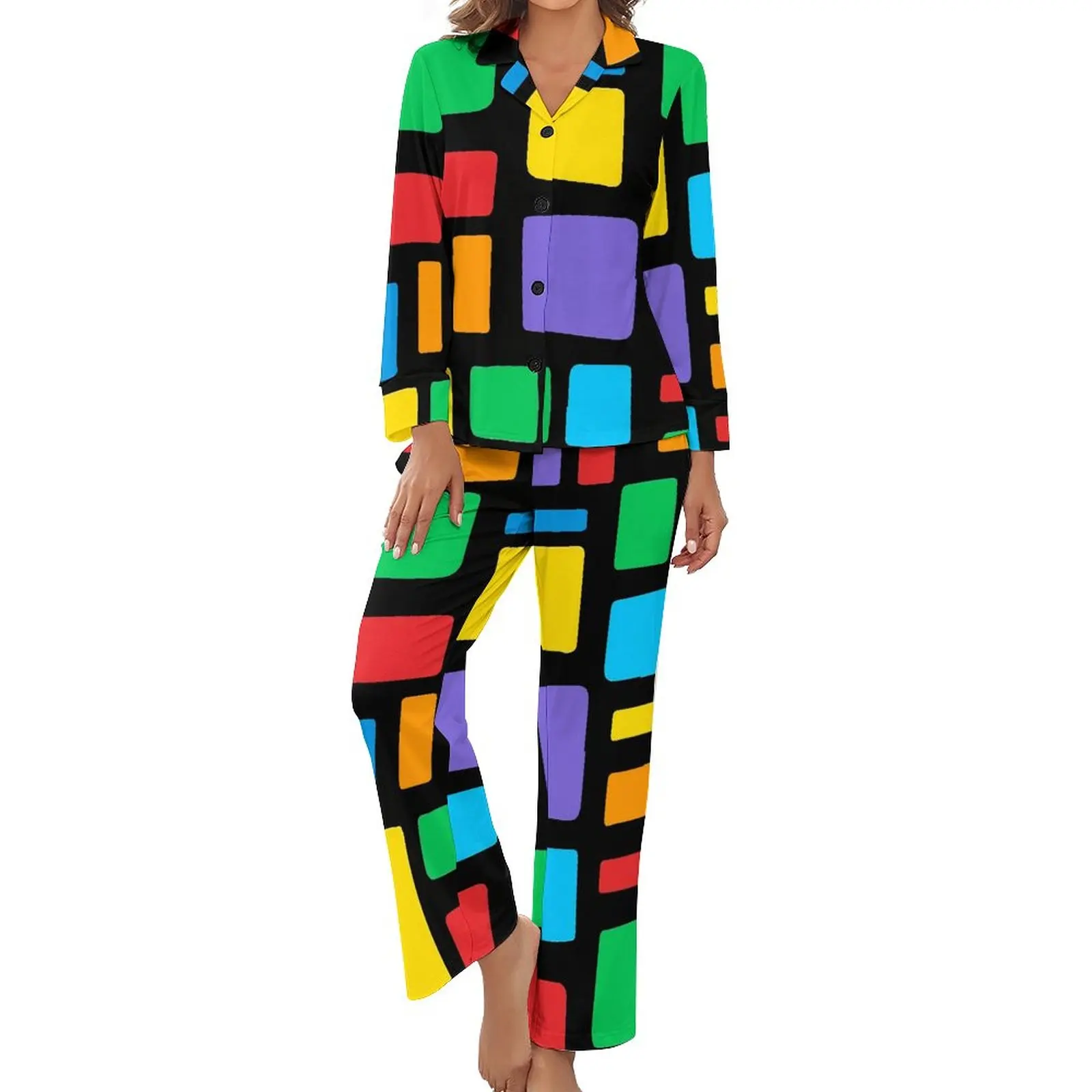 

Retro Mod Pajamas Female Colorful Bricks Geometric Warm Sleepwear Autumn Long Sleeve Two Piece Casual V Neck Graphic Pajama Sets