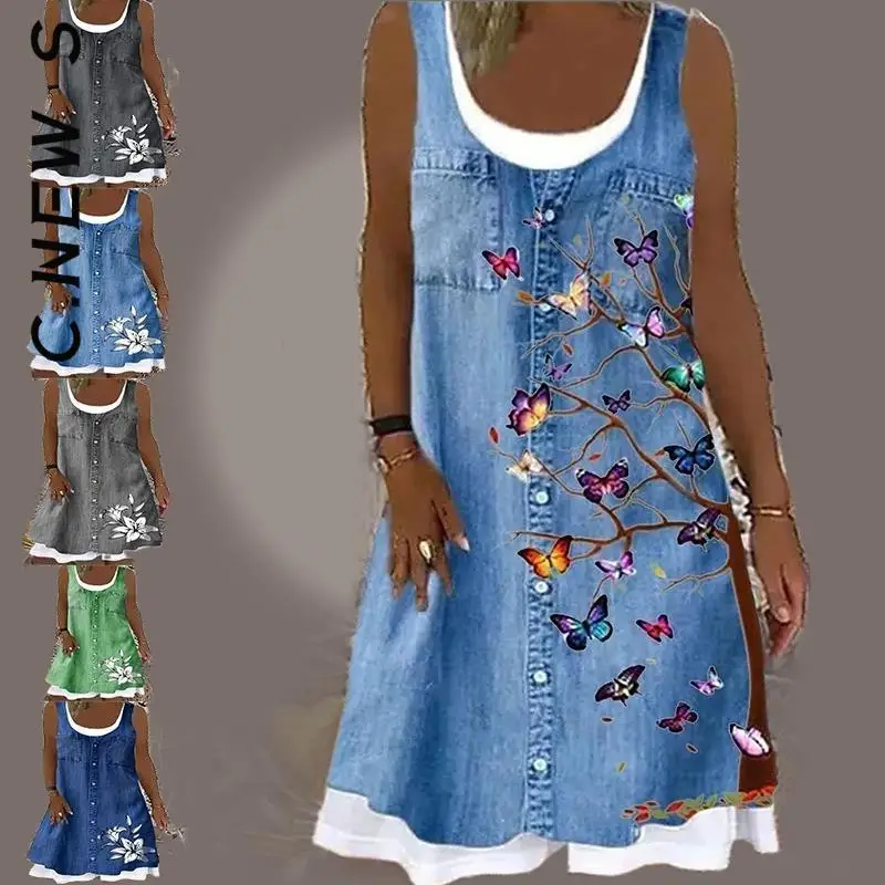 

C.New S Women's Blue Sleeveless A-Line Dress Fashion Floral Dot 3D Print Knee Length Dress Summer Casual Everyday Dress
