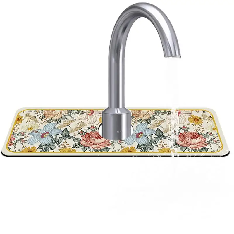 

Splash Guard For Sink Floral Pattern Soft Diatom Mud Drain Pad Faucet Handle Drip Catcher Pad For Kitchen Bathroom RV Bar Faucet