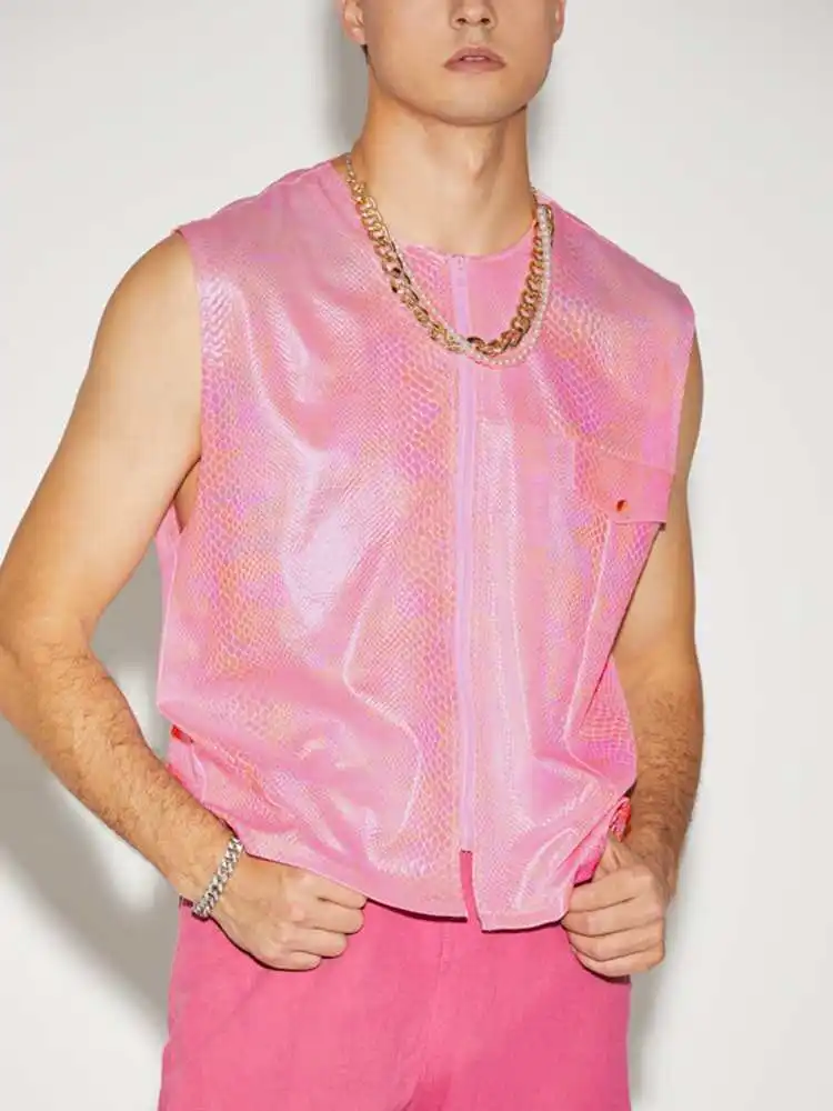 

Мужская однотонная блестящая безрукавка с круглым вырезом, повседневные Безрукавки на молнии, Мужская Уличная одежда 2022, модные вечерние м...