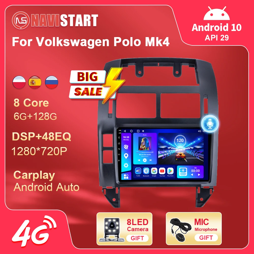 

NAVISTART 2 Din Android 10 Car 4G WIFI BT Android Auto BT Radio For Volkswagen Polo Mk4 2004-2009 GPS Navigation No DVD Player