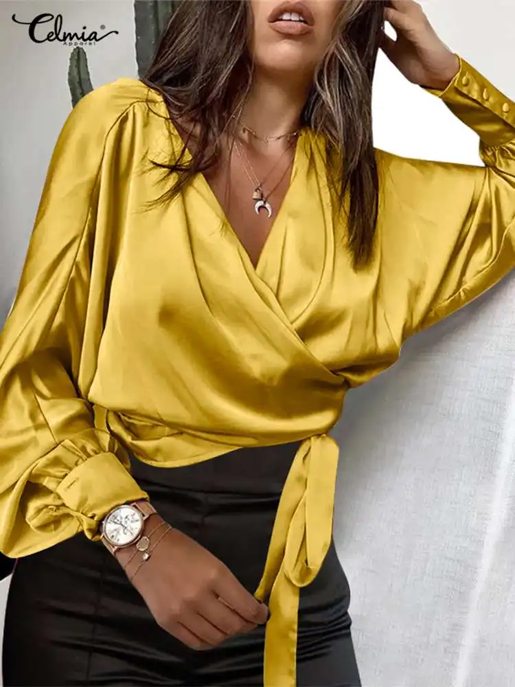 

Celmia Fashion Satin Wrap Shirts Women Sexy V Neck Luxury Bandage Cropped Blouses Elegant Glossy Lantern Sleeve
