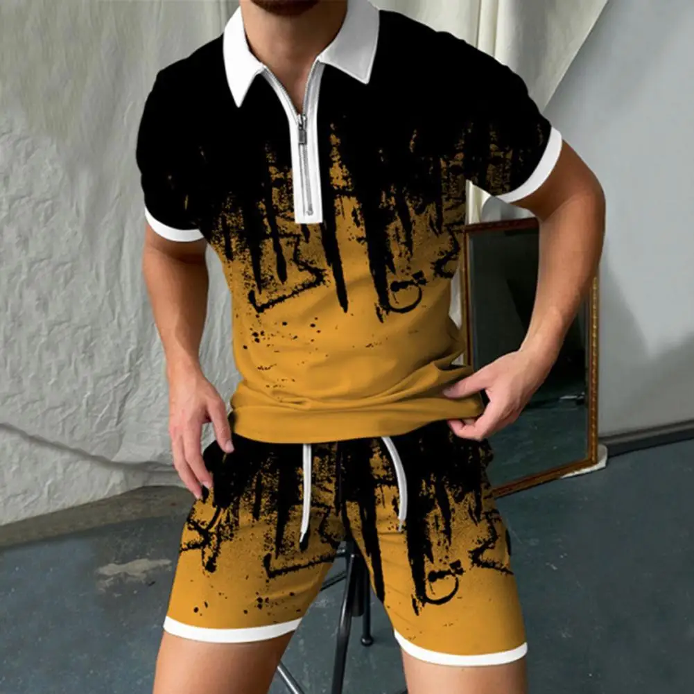 

2 Pcs/Set Fabulous Summer Shirt Pants Set Two-piece Men Shirt Pants Set Zipper Short Sleeve Leisure Men Shirt Pants Set