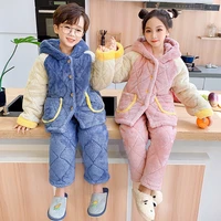 kawaii trend winter thick plush parent child pajamas for boys girls flannel long sleeve cute cartoon home family clothes