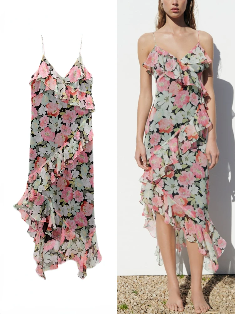 

ZBZA Women's Summer New V-neck Suspenders Ruffled Long Skirt Irregular Layered Hem Decoration Printed Thin Shoulder Strap Dress