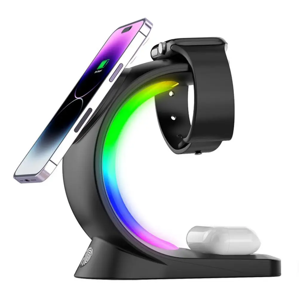 

3 in 1 RGB Light Magnetic Wireless Charger For iPhone 14 13 12 For iWatch Airpods Pro Fast Charging Dock Station Holder