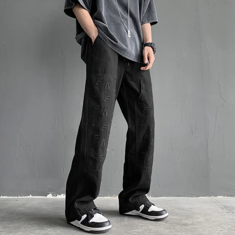 Brown Coffee Color Overalls Trend American Jeans Men's Street High Street Pants Design Sense Straight Casual Trousers Streetwear