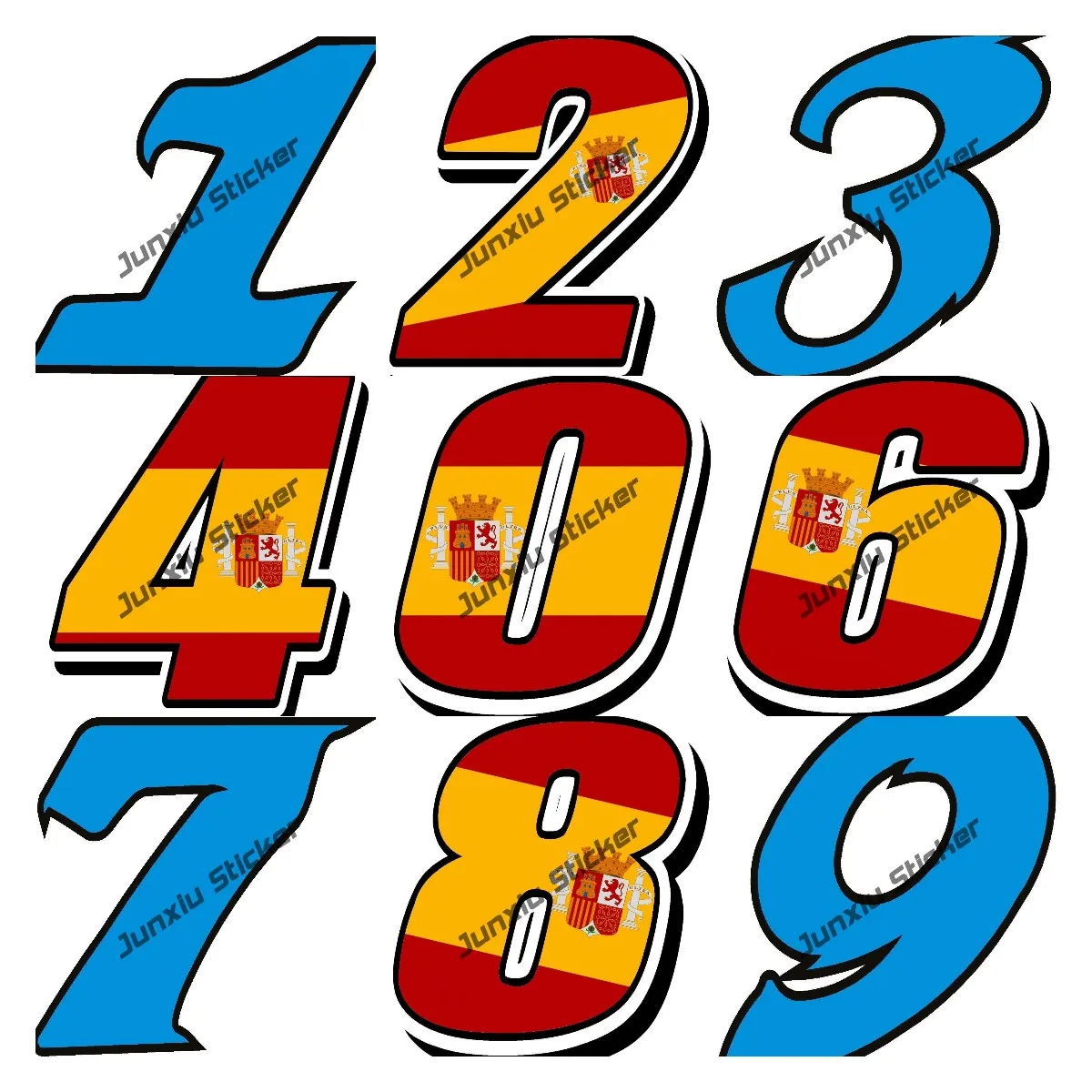 

Наклейки с испанским флагом Испании и цифрами для гонок, высококачественные Популярные креативные наклейки с номерами 0-9 для автомобилей, мотокроссов и гонок