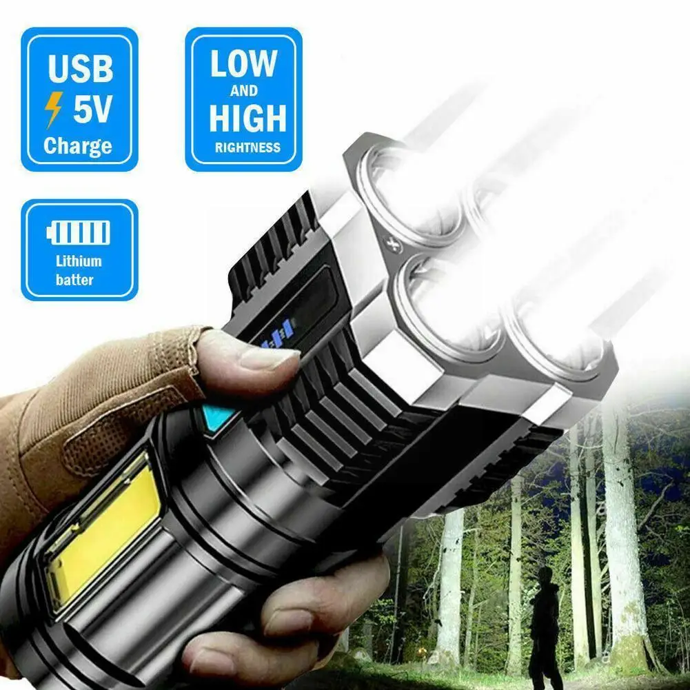 

4-core Super Bright Flashlight Ultra Powerful Led Cob Rechargeable Spotlight Torch Display P1000 Outdoor Long-range Led Bat S0b4