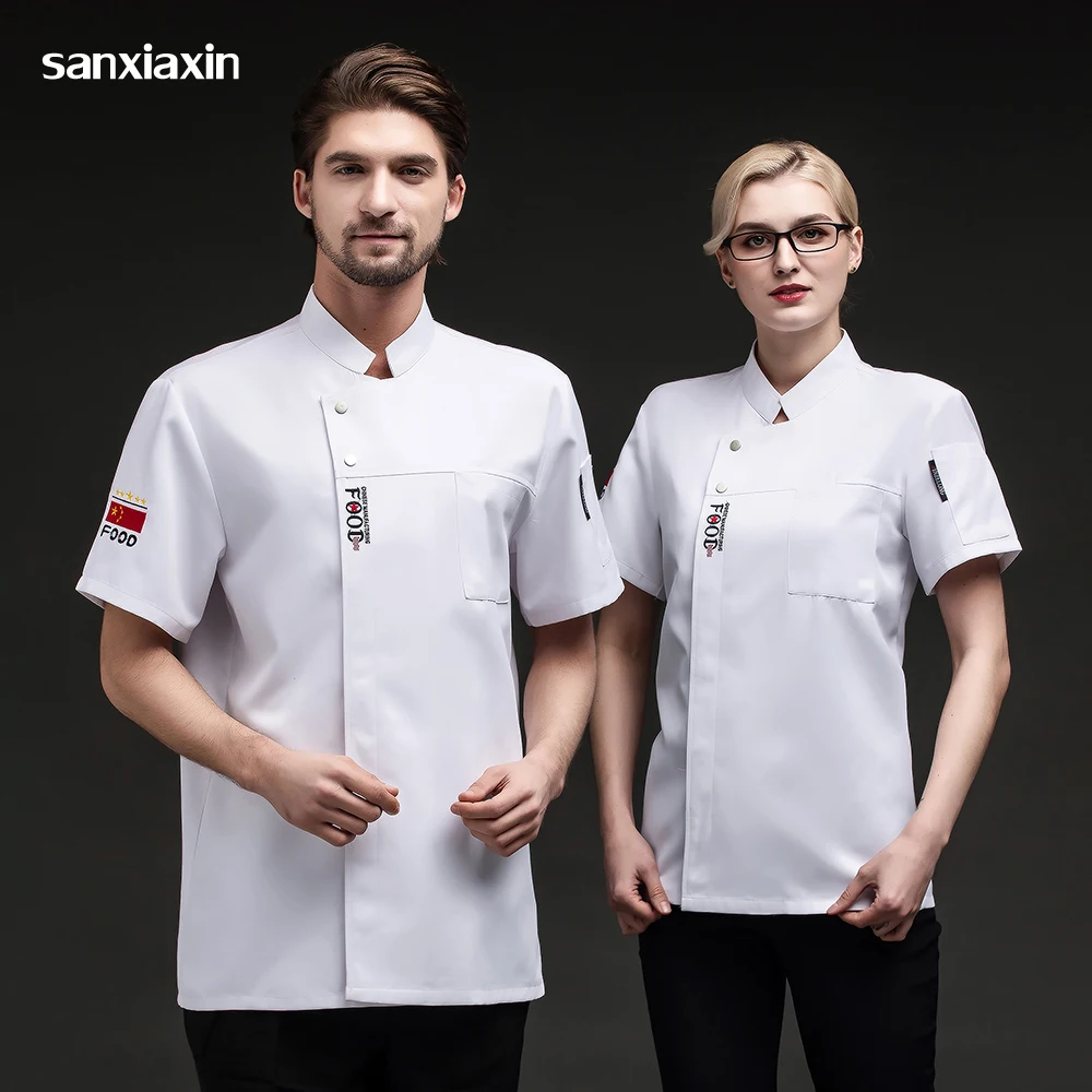 

Hotel Service Work Clothes Stand Collar Short Sleeve Chef Jacket Wholesale Embroidery Top Shirt Unisex Restaurant Uniform Tops