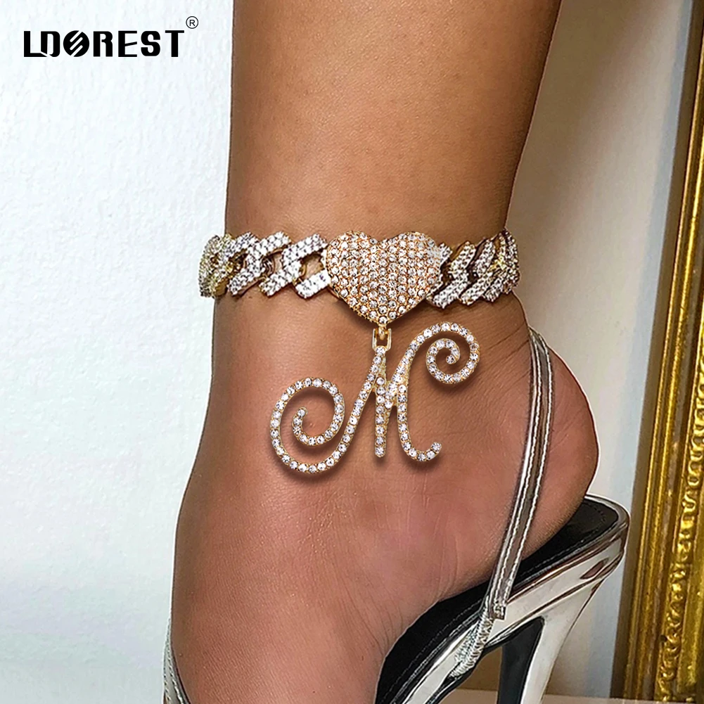 

Iced Out Crystal A-Z Cursive Letter Anklet For Women Hiphop Punk 14MM Prong Cuban Link Ankle Chain Beach Anklet Bracelet Jewelry