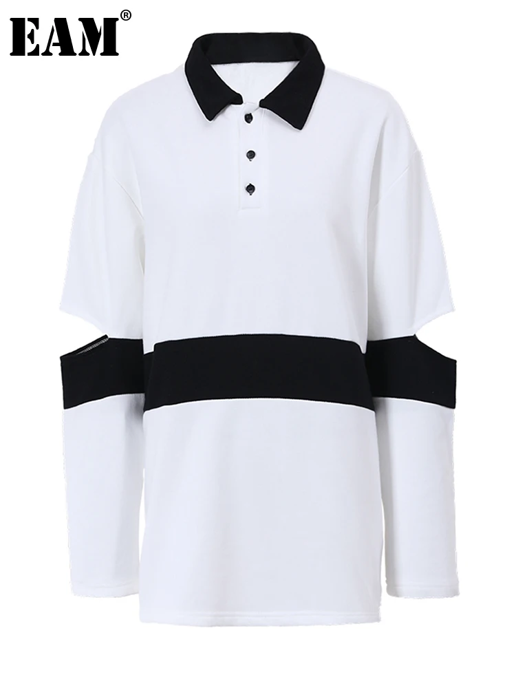 

[EAM] Women White Black Color-block Big Size Casual T-shirt New Lapel Long Sleeve Fashion Tide Spring Autumn 2023 9A543909