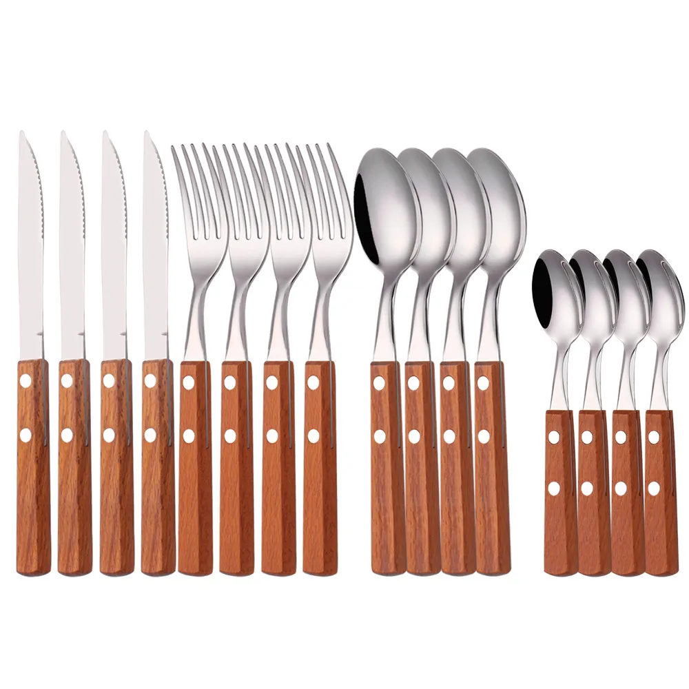 

16Pcs Cutlery Set Wooden Handle Stainless Steel Dinnerware Kitchen Knive Forks Spoons Tableware Set Utensils Reusable Dinner Set