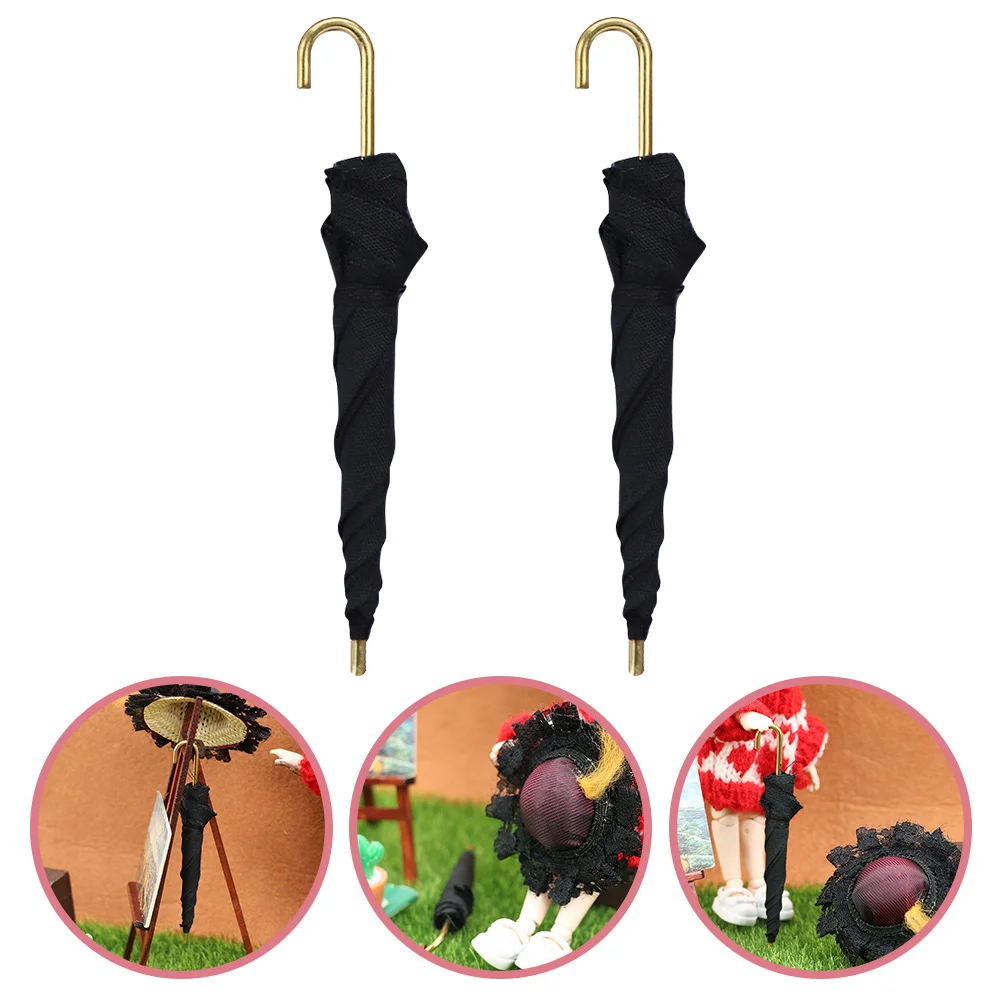 

2 Pcs Black Umbrellas For Rain Umbrella Ornaments Mini Miniature Black Model Furniture Decorate Birch Decorative House