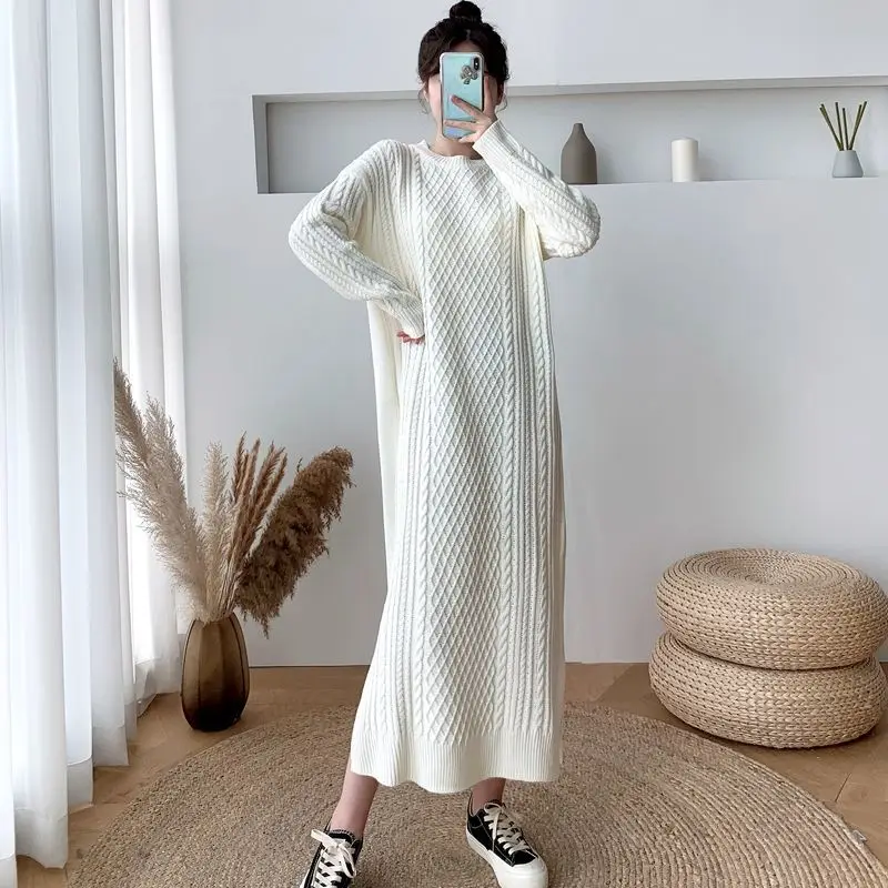 Woman Elegant O-neck Slim Long Sweater Dress Female Thick Knit Autumn Dress Ladies Slim A-line Basic Casual Dresses Vestido G323