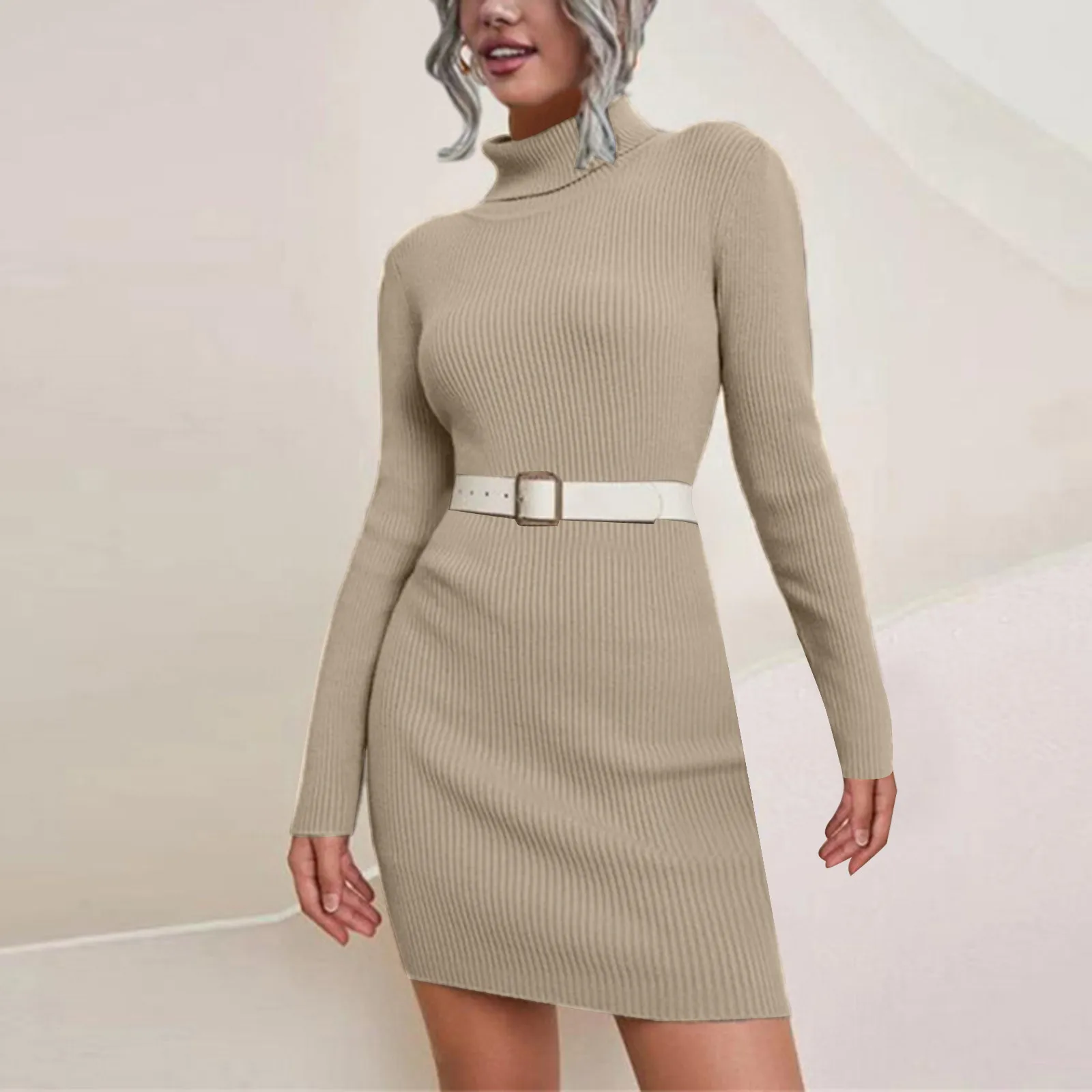 

Ladies Autumn Winter Turtleneck Knitted Sweater Dress Long Sleeve Stretch Sexy Dresses Slim Jumper Female Clothes Mini Dress