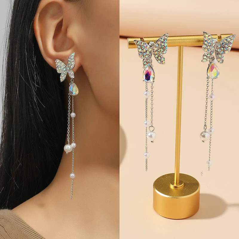 

Женские серьги Стразы с бабочками, длинные жемчужные серьги с кисточками, женские серьги, стильные и элегантные серьги-гвоздики