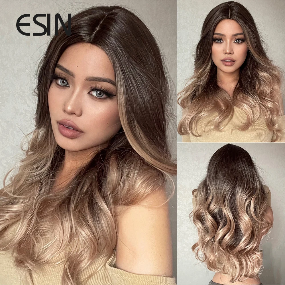 

ESIN Synthetic Wigs Long Curly Brown Wig Centre Parting Women’s Wigs 61 cm Wigs for Women Natural Looking