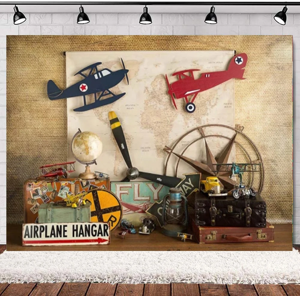 

Photography Backdrop Vintage Alrplane Hangar Travel Cake Smash Boy 1st Birthday Shower Party Photo Props Studio Booth Background