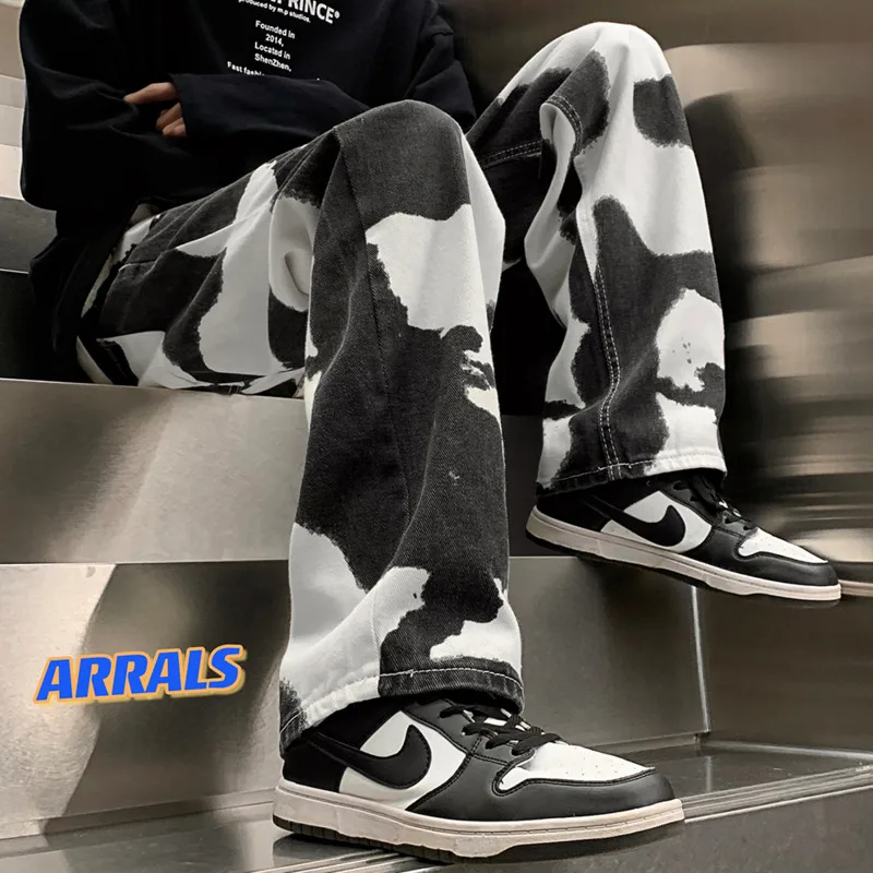 Blue Black Tie-dye Jeans Men Fashion Cotton Casual Baggy Jeans Men Streetwear Loose Hip-hop Wide-leg Jeans Mens Denim Pants