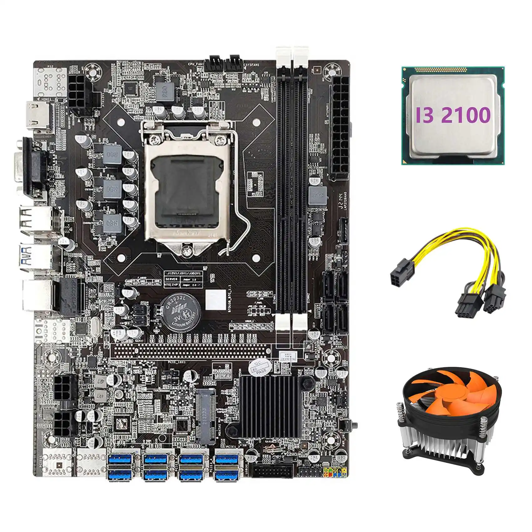 

B75 USB ETH Mining Motherboard 8XPCIE to USB+I3 2100 CPU+6Pin to Dual 8Pin Cable+Fan LGA1155 B75 BTC Miner Motherboard