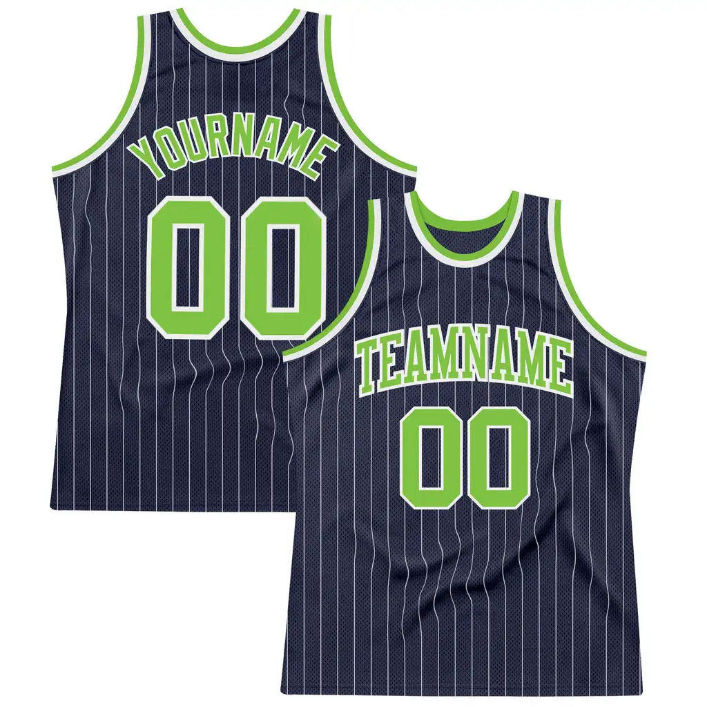 

Custom Navy White Pinstripe Neon Green Authentic Basketball Personalized Shirts