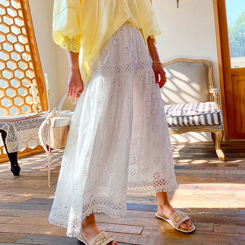 

Johnature Spring Summer Bohemian Hollow Out Women Skirts 2022 New Elastic Waist Loose All Match White Lace Female Skirts