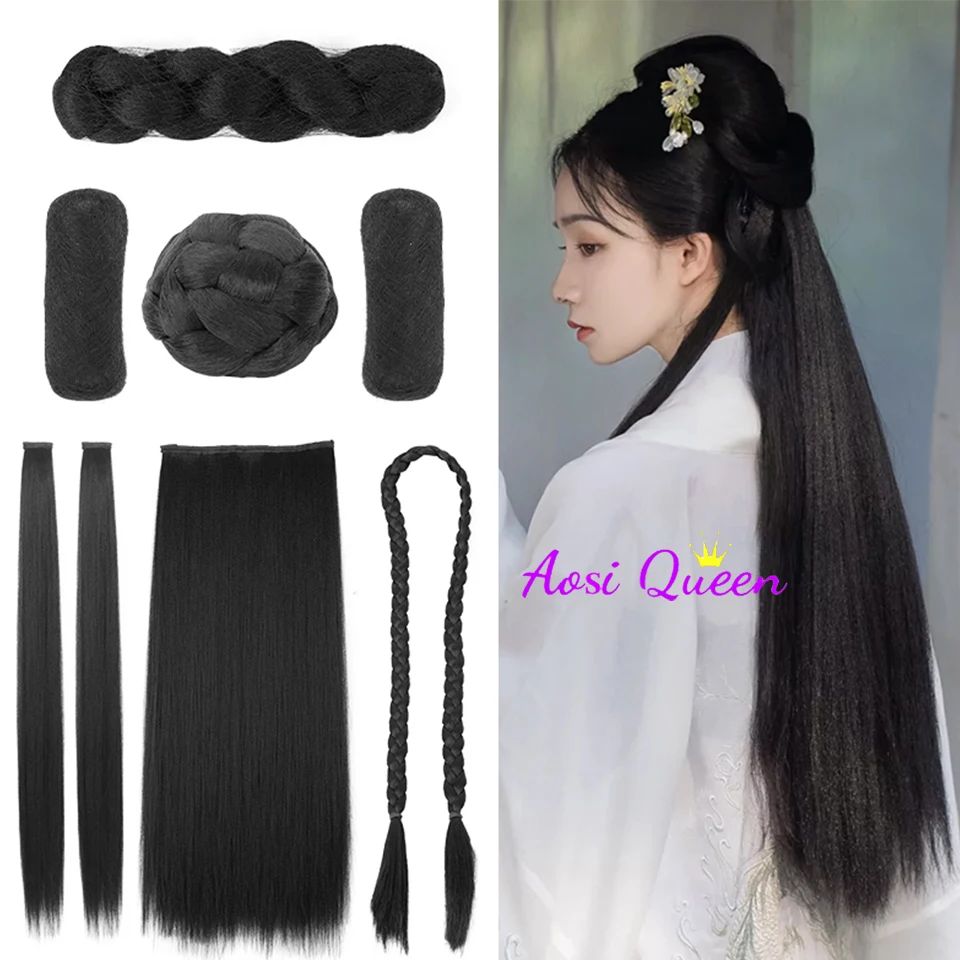 AOSI Synthetic Chinese Traditional Hanfu Wig Hair Bun Retro Black Chignon Fake Ancient Chinese Hair suit Bun Princess Cosplay