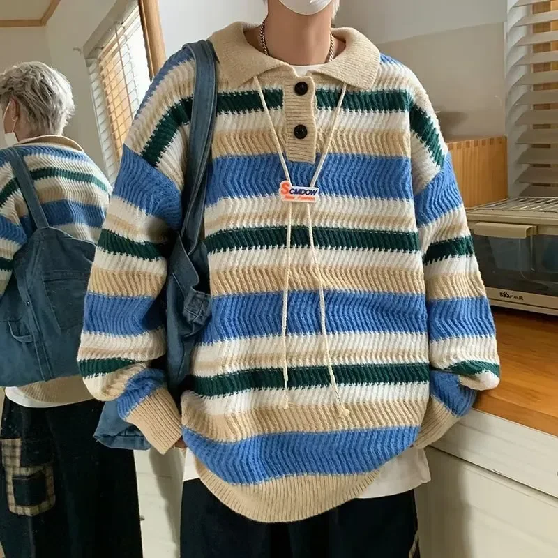 

ZAZOMDE Autumn Couple Contrast Color Striped Sweater Loose Turn-down Collar Pullover Vintage Harajuku Knitwear Fashion Sweater
