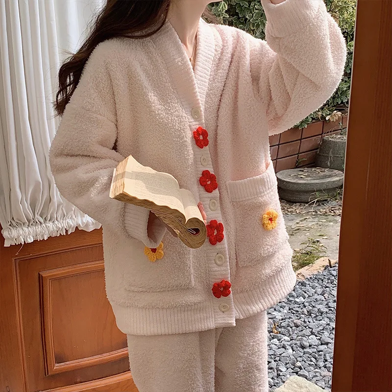 Yasuk Winter Women Girl Casual Warm Soft Sleepwear Pajamas With Pant Velvet Fleecel Cute Thick Pocket Flower Gentle