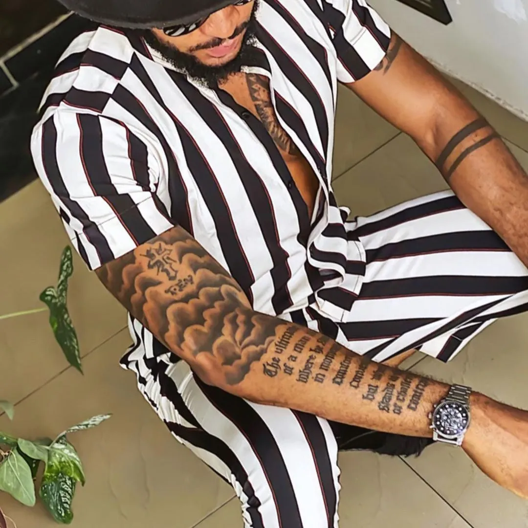 2023 Summer men's casual short-sleeved shirt top + pants Fashion striped printed men's street wear S-3XL