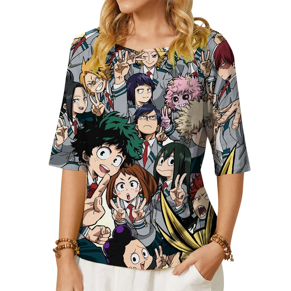 

CLOOCL Anime Women Blouse My Hero Academia 3D Printed T-shirt Button Decorate Loose Middle Sleeve Tees Female Summer Clothes