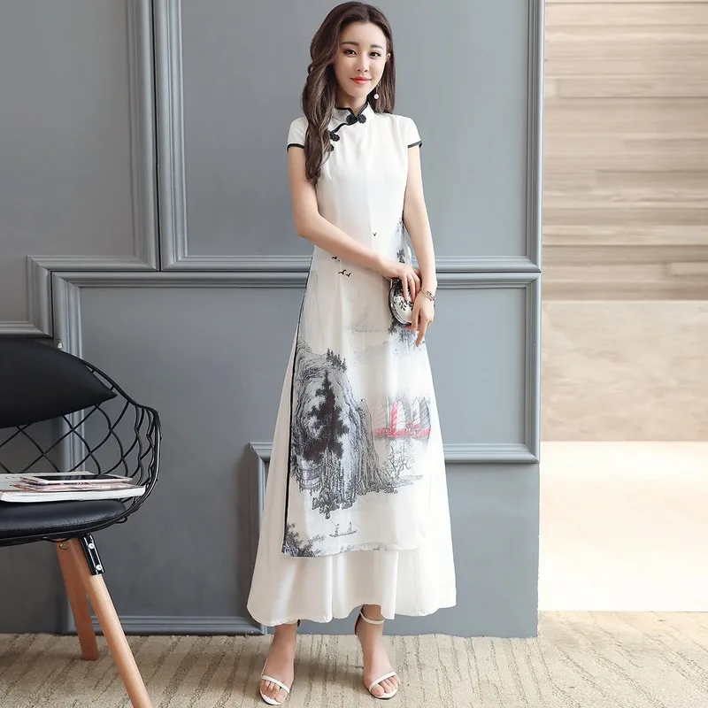 

Женское шифоновое платье-Ципао, элегантное приталенное винтажное платье в китайском стиле, белое платье-халат с пейзажным принтом для лета