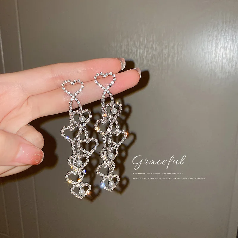 

925 Silver Needle European and American Diamond Heart Pearl Earrings Cold Long High Profile Ear Studs Tassel Earrings