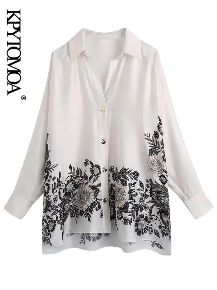 

KPYTOMOA Женская мода с цветочным принтом мягкие на ощупь рубашки оверсайз винтажные с длинным рукавом с боковыми разрезами женские блузки Блу...