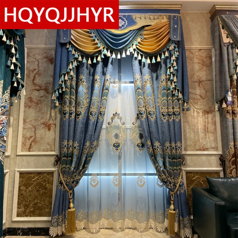 

Занавески в американском стиле из высококачественной синей синели с вышивкой, занавески для гостиной, роскошные занавески из вуали для спальни, кухни, отеля