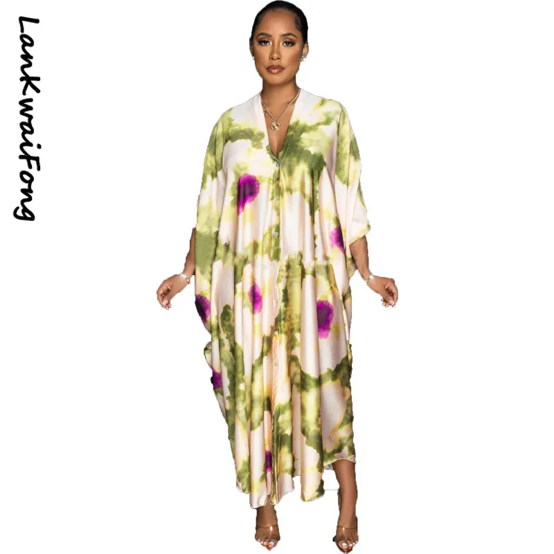 

LKF New Fashion Printed Loose Fit Long Dress Holiday Leisure Retro Printed Button Dress