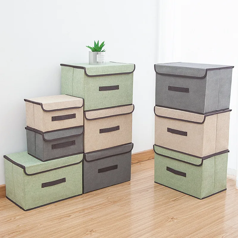 

Cotton and linen storage box with lid, foldable sundries storage box cosmetics underwear socks toys snacks children's storagebox