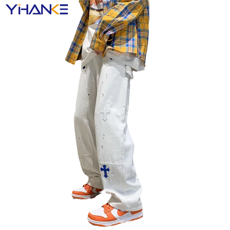 YIHANKE Washed Stitching Jeans Men's and Women's Straight-leg Pants Blue and White Cross Patch Jeans Straight-leg Couple's Pants