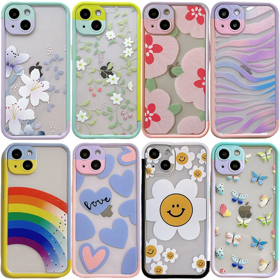 iPhon13 Double Color Frame Case For iPhone 13 12 11 Pro Max X XR XS Cover Flower Cartoon Soft Transparent Bumper Back Cases |