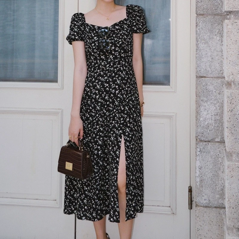 

2023 Summer New Ladies Square Neck Floral Black Slit Puff Sleeve Dress Mid-Calf